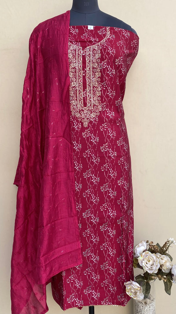 Designer Embroidered Suit Length 3 Piece Maroon Muslin Cotton