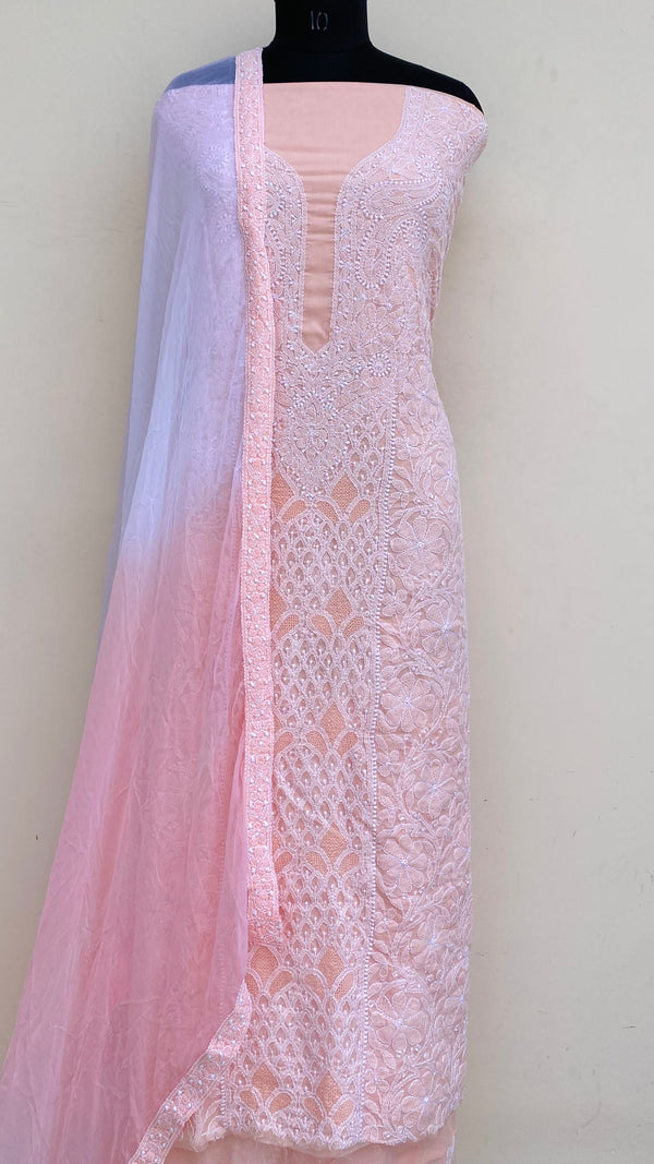 Lucknowi Chikankari Suit Length 3 Piece Peach Mulmul Cotton With Jaali Work