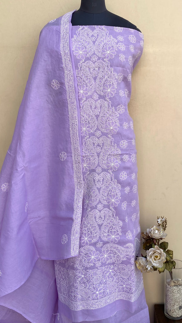 Lucknowi Chikankari Suit Length 3 Piece Purple Cotton With Embroidered Cotton Dupatta