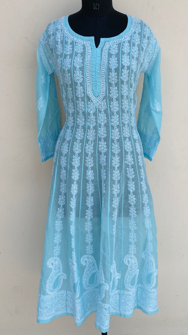 Lucknowi Chikankari Anarkali Kurti Blue Mulmul Cotton With Jaali Work