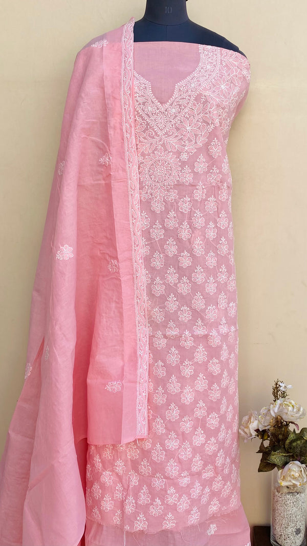 Lucknowi Chikankari Suit Length 3 Piece Peach Cotton With Embroidered Cotton Dupatta