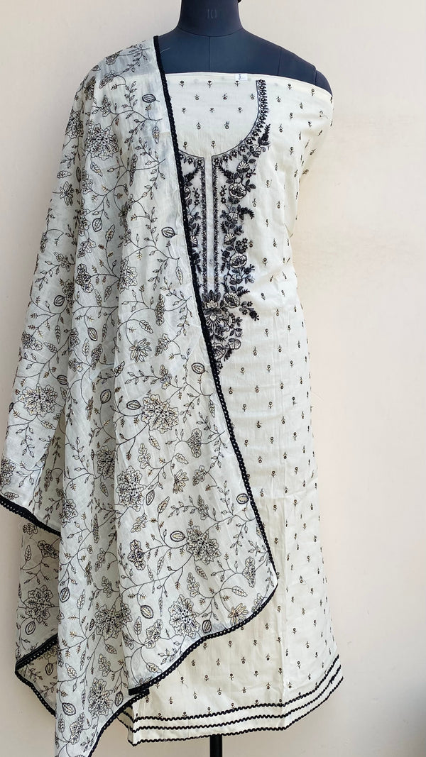 Designer Embroidered Suit Length 3 Piece Cream Mal Cotton With Sequence Work