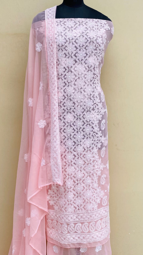 ﻿Lucknowi Chikankari Suit Length 3 Piece Peach Georgette