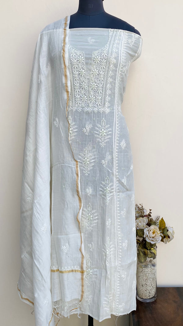 Lucknowi Chikankari Suit Length 2 Piece Off White Mal Chanderi With Cutdana Work