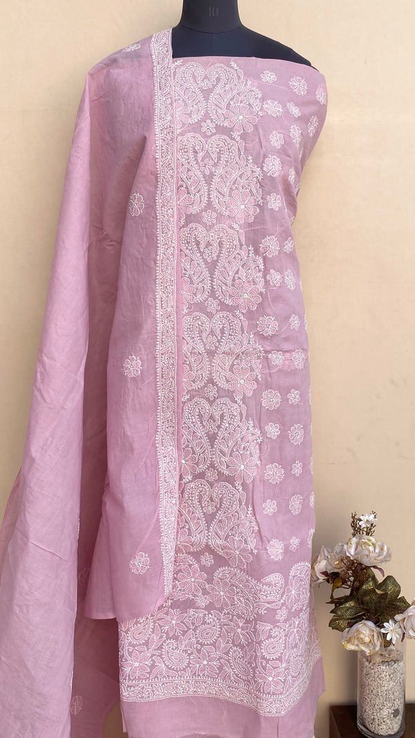 Lucknowi Chikankari Suit Length 3 Piece Pink Cotton With Embroidered Cotton Dupatta