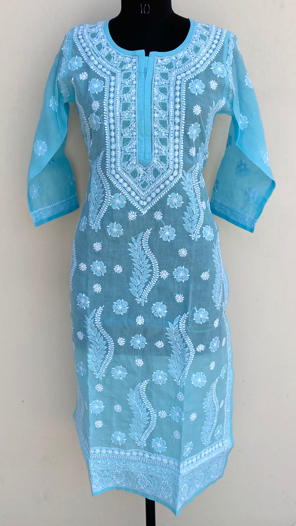 Lucknowi Chikankari Kurti Blue Cotton With Jaali Work