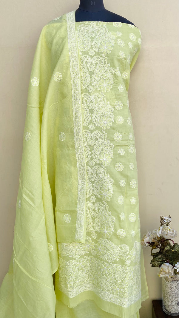 Lucknowi Chikankari Suit Length 3 Piece Lemon Yellow Cotton With Embroidered Cotton Dupatta