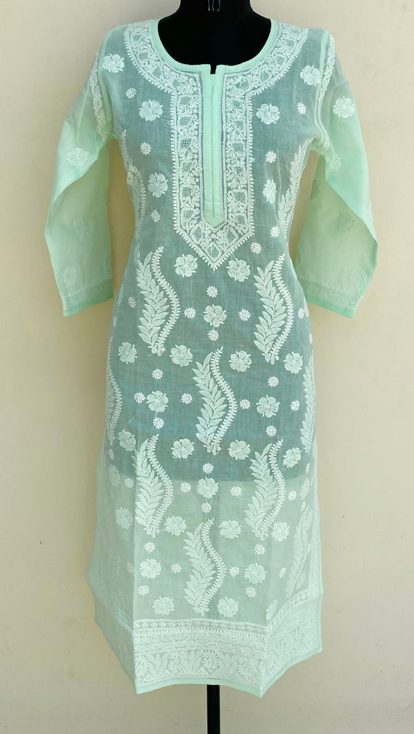 Lucknowi Chikankari Kurti Mint Green Cotton With Jaali Work