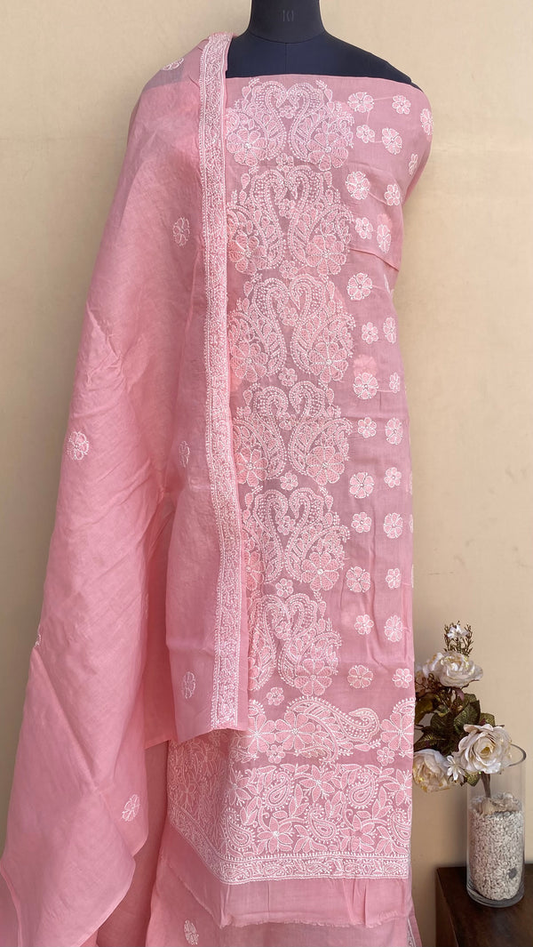 Lucknowi Chikankari Suit Length 3 Piece Pink Cotton With Embroidered Cotton Dupatta