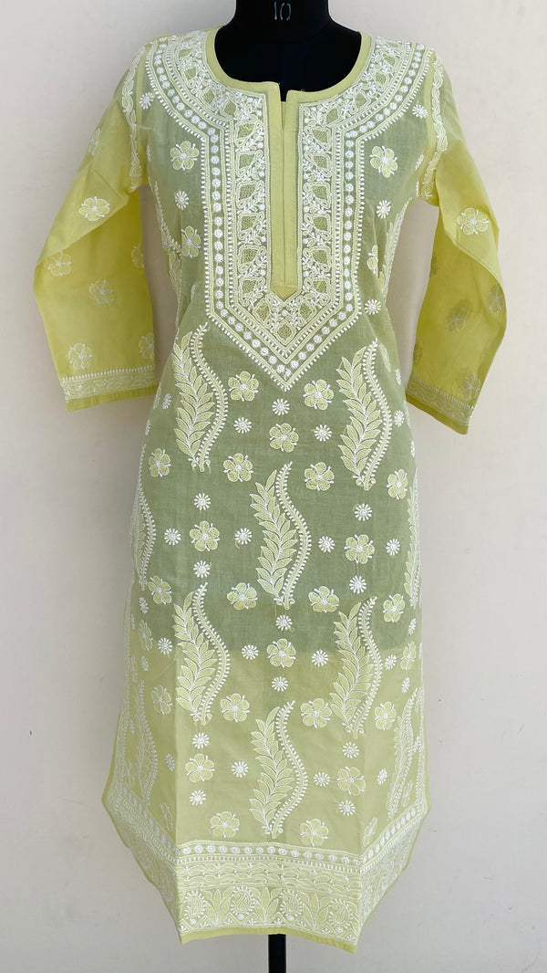 Lucknowi Chikankari Kurti Mehndi Green Cotton With Jaali Work