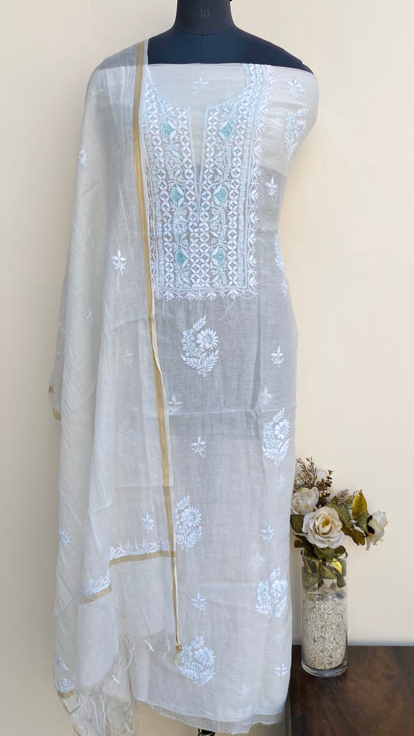 Lucknowi Chikankari Suit Length 2 Piece White Mal Chanderi With Cutdana Work