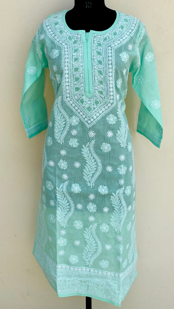 Lucknowi Chikankari Kurti Sea Green Cotton With Jaali Work