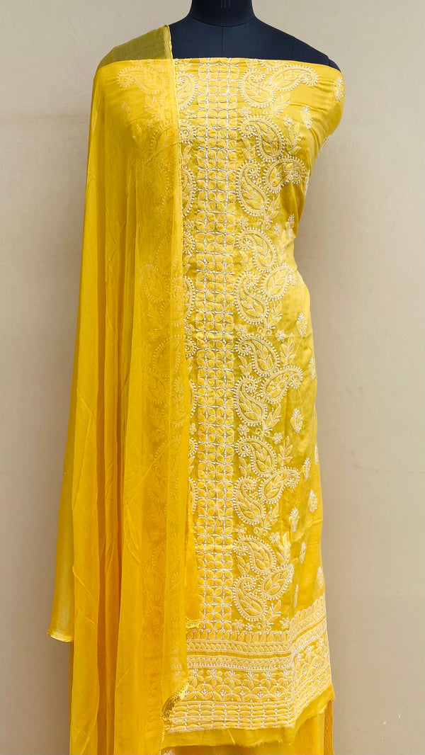 Lucknowi Chikankari Suit Length 3 Piece Yellow Mulmul Cotton