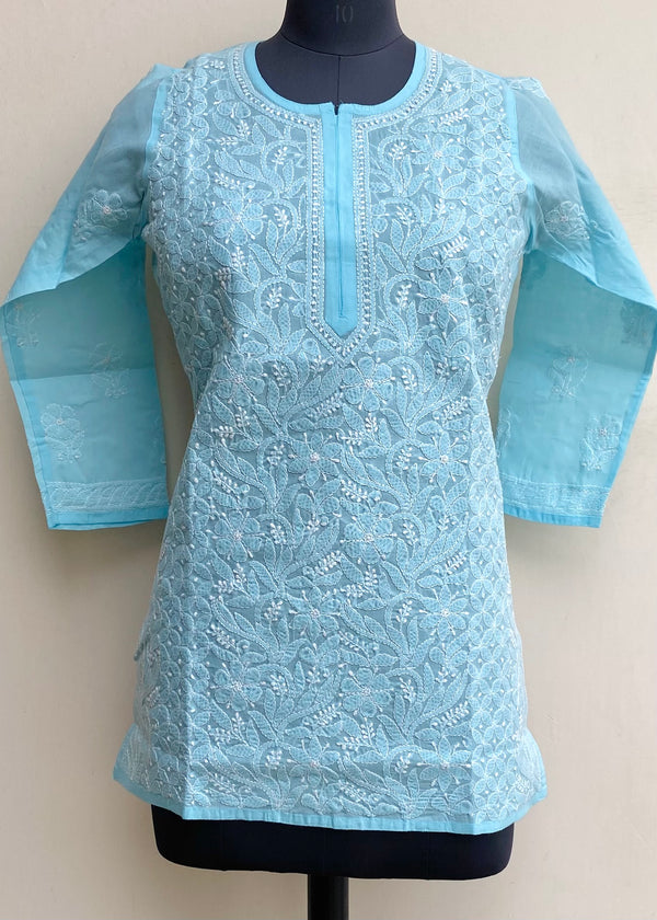 Lucknowi Chikankari Short Kurti Blue Cotton