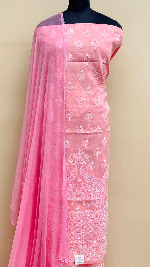 Lucknowi Chikankari Suit Length 3 Piece Peach Cotton