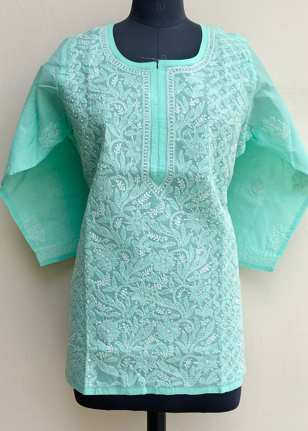 Lucknowi Chikankari Short Kurti Green Cotton