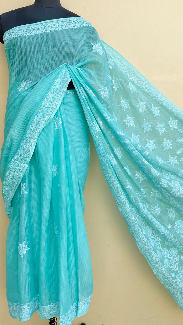 Lucknowi Chikankari Saree Sea Green Kota