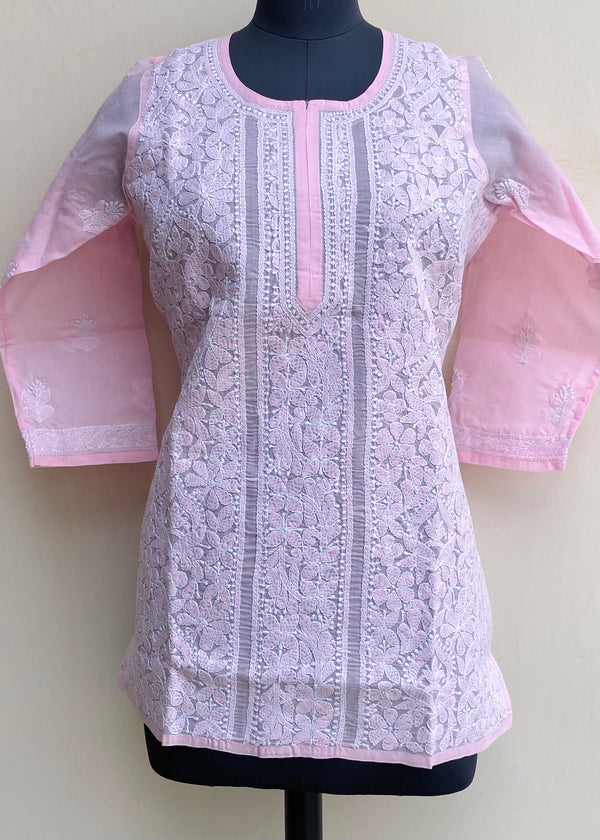 Lucknowi Chikankari Short Kurti Pink Cotton