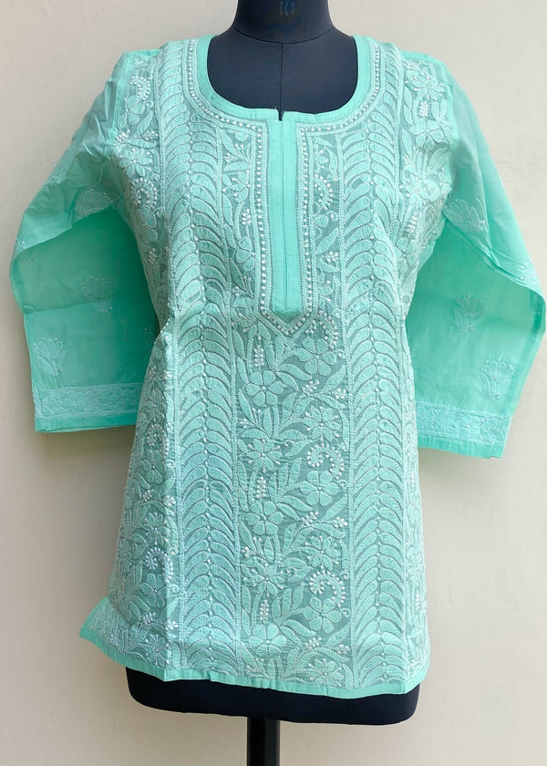 Lucknowi Chikankari Short Kurti Green Cotton