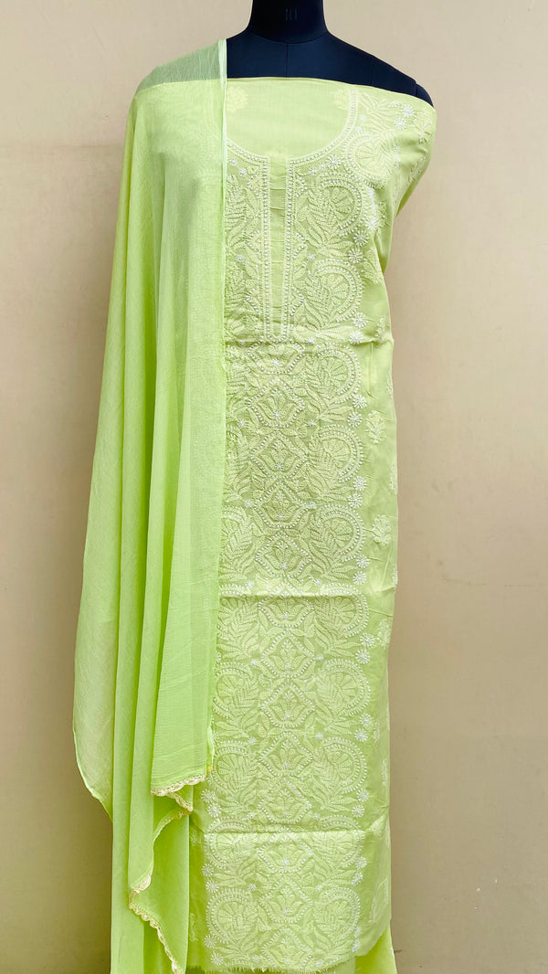 Lucknowi Chikankari Suit Length 3 Piece Parrot Green Cotton