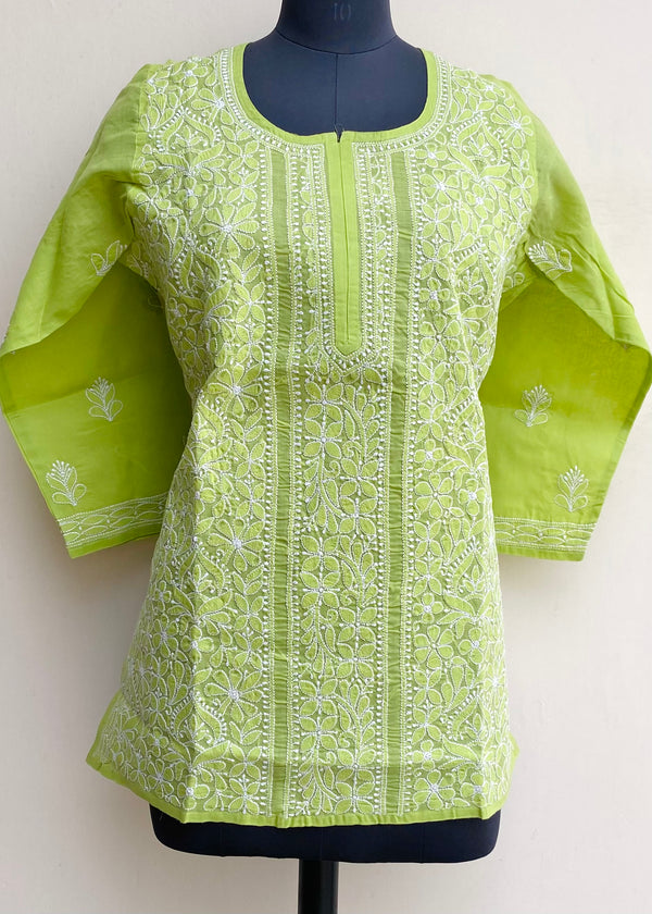 Lucknowi Chikankari Short Kurti Parrot Green Cotton