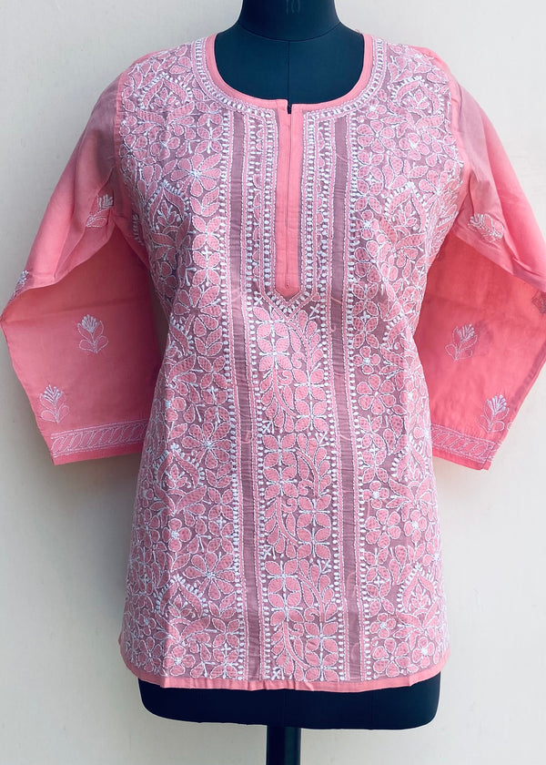 Lucknowi Chikankari Short Kurti Pink Cotton