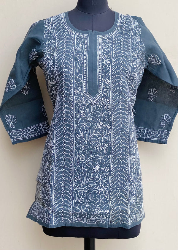 Lucknowi Chikankari Short Kurti Gray Cotton