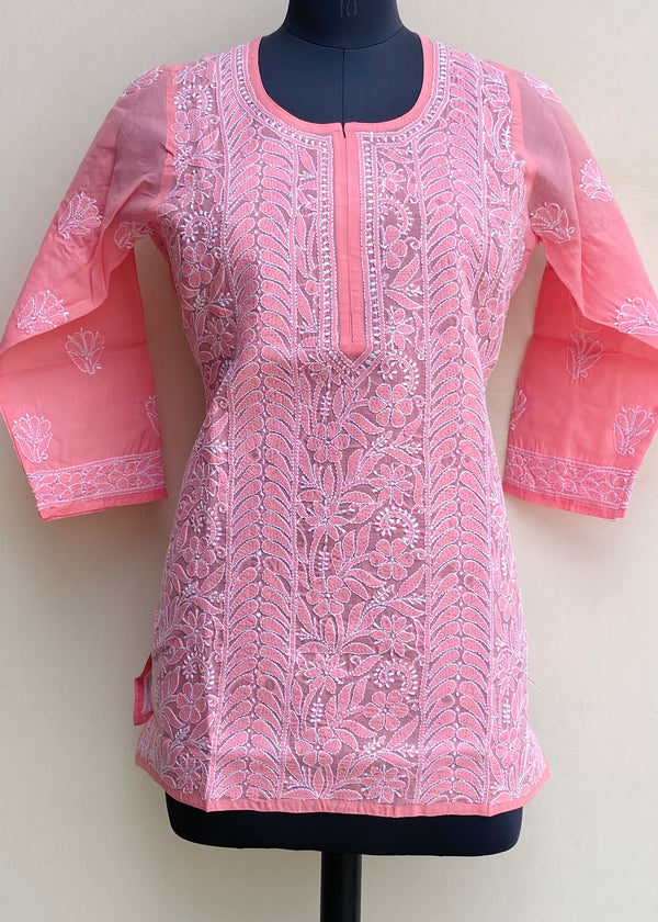 Lucknowi Chikankari Short Kurti Pink Cotton