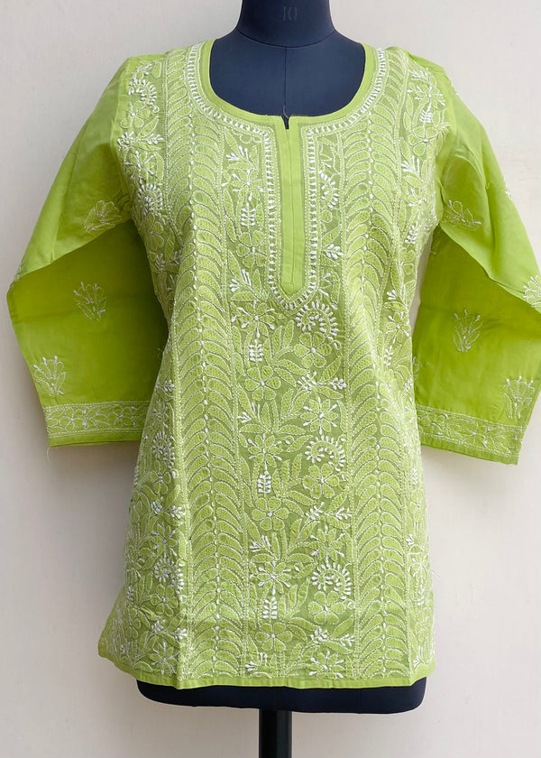 Lucknowi Chikankari Short Kurti Parrot Green Cotton