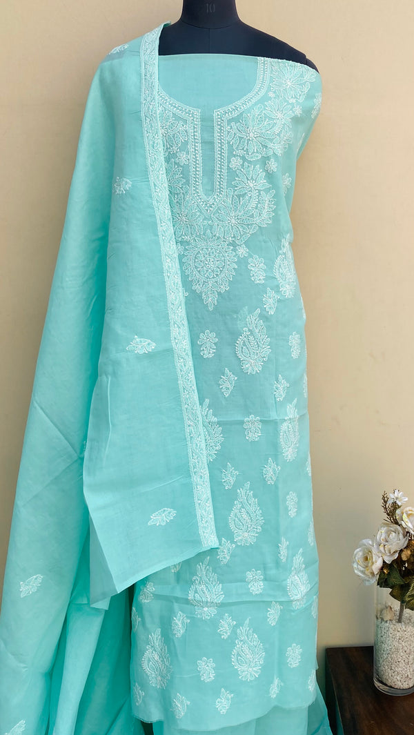 Lucknowi Chikankari Suit Length 3 Piece Sea Green Cotton With Embroidered Cotton Dupatta