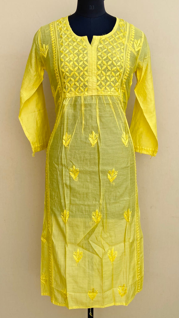 Lucknowi ChikanKari Kurti Yellow Mal Chanderi With Self 3D Work