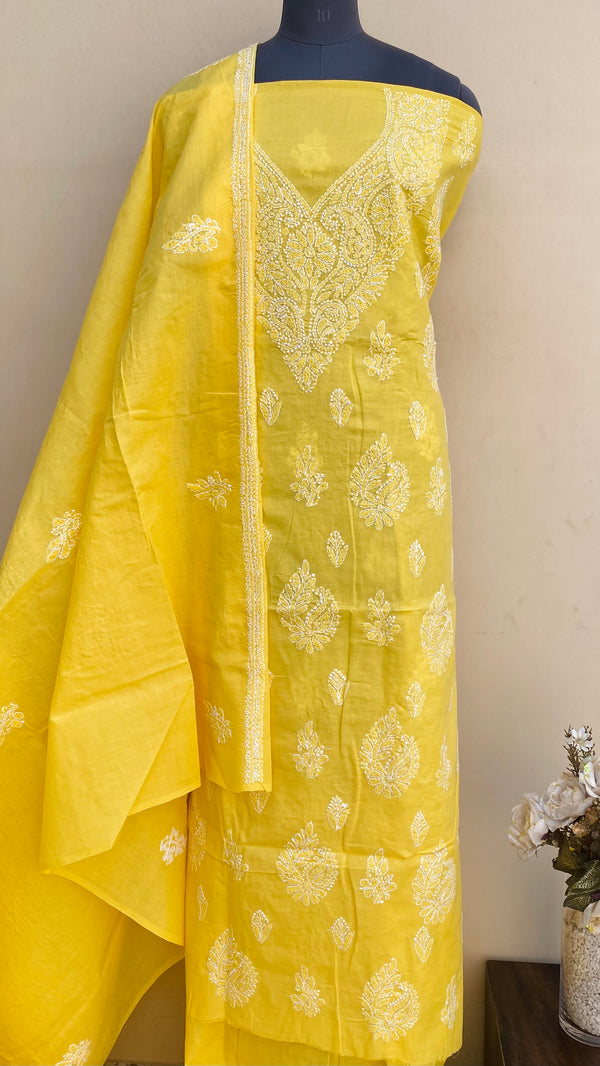 Lucknowi Chikankari Suit Length 3 Piece Yellow Cotton With Embroidered Cotton Dupatta