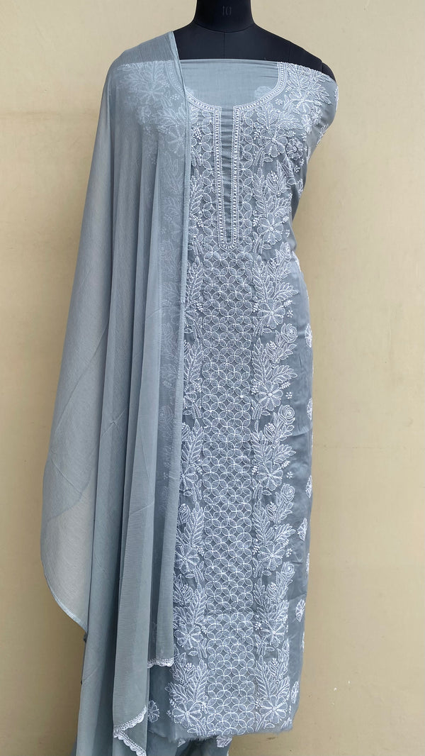 Luchnowi Chikankari Suit Length 3 Piece Gray Mulmul Cotton