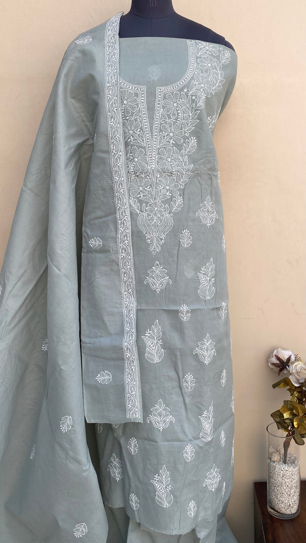 Lucknowi Chikankari Suit Length 3 Piece Gray Cotton With Embroidered Cotton Dupatta