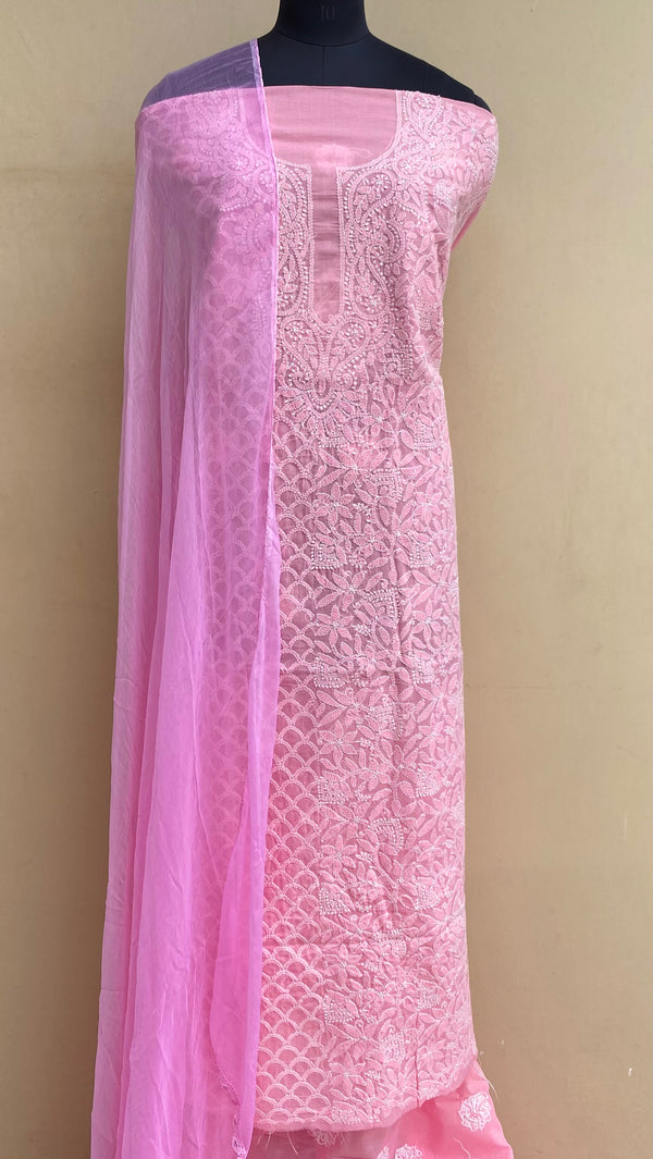 Luchnowi Chikankari Suit Length 3 Piece Pink Cotton