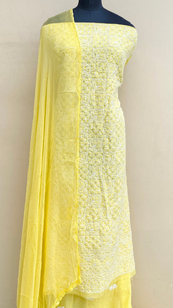 Luchnowi Chikankari Suit Length 3 Piece Yellow Cotton