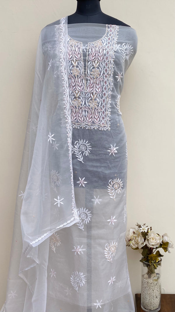 Lucknowi Chikankari Suit Length 2 Piece White Organza With Cutdana & Sequence Work