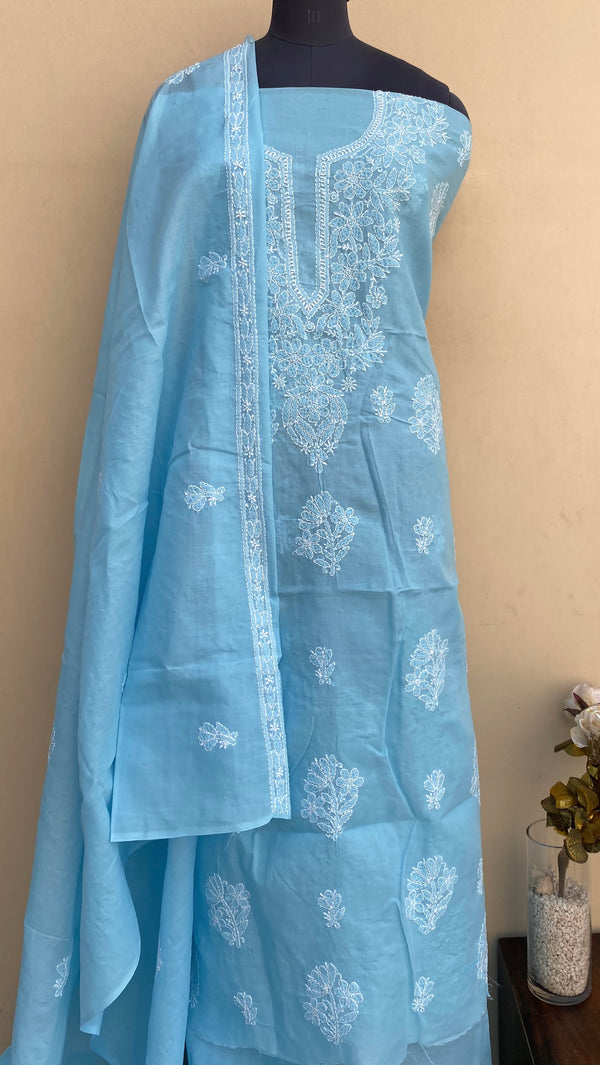 Lucknowi Chikankari Suit Length 3 Piece Blue Cotton With Embroidered Cotton Dupatta