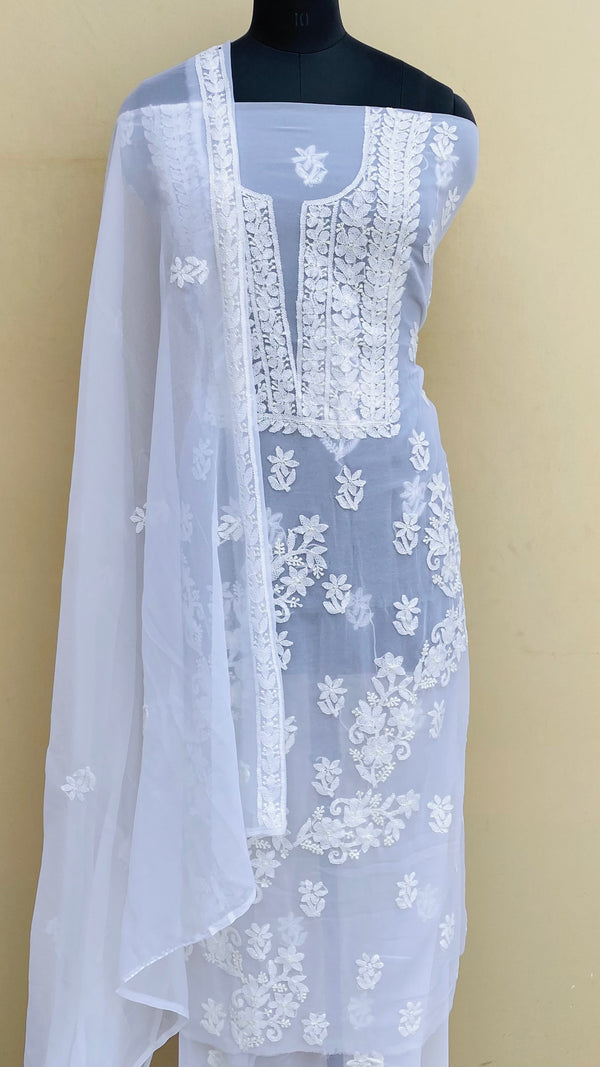 Lucknowi Chikankari Suit Length 3 Piece White Georgette