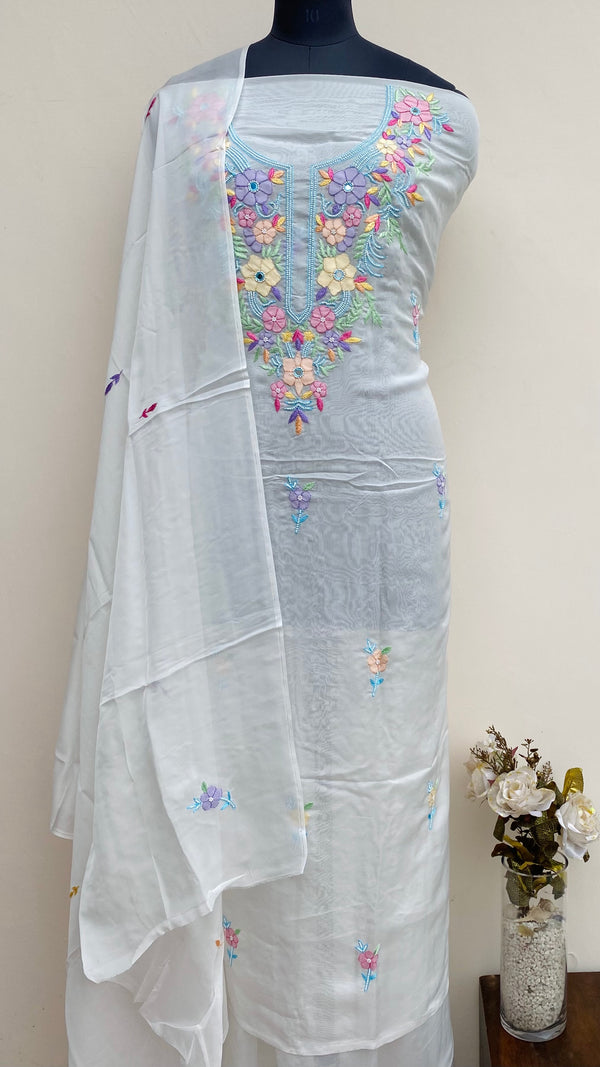 Lucknowi Chikankari Suit Length 2 Piece White Organza With Pearl & Mirror Work