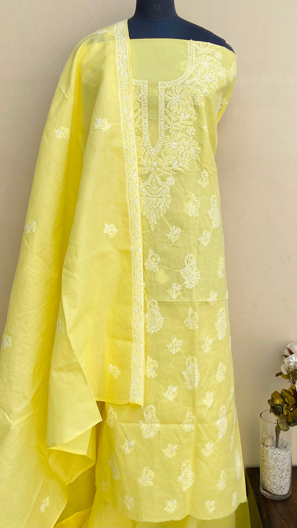 Lucknowi Chikankari Suit Length 3 Piece Yellow Cotton With Embroidered Cotton Dupatta