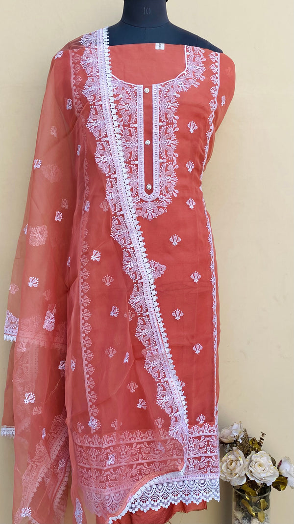 Designer Embroidered Suit Length 3 Piece Copper Organza