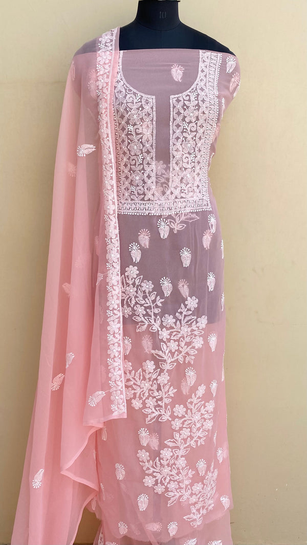 Lucknowi Chikankari Suit Length 3 Piece Peach Georgette