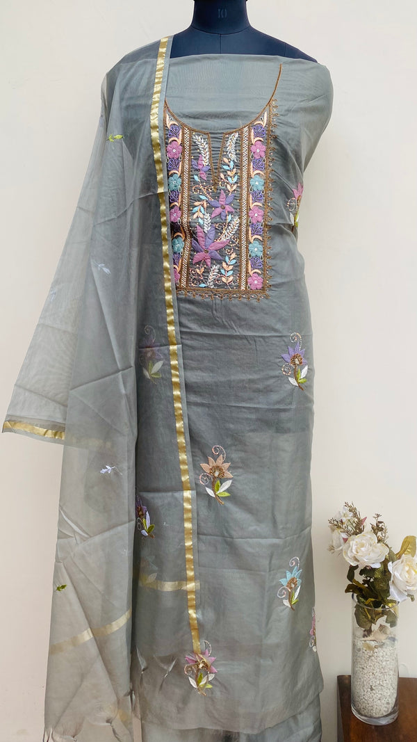 Lucknowi Chikankari Suit Length 2 Piece Gray Organza With Cutdana & Sequence Work