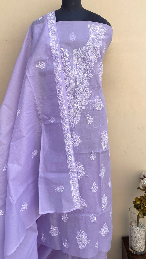 Lucknowi Chikankari Suit Length 3 Piece Purple Cotton With Embroidered Cotton Dupatta