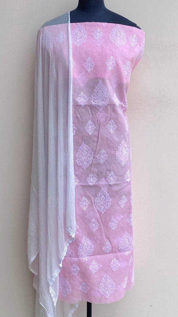 Lucknowi Chikankari Suit Length 3 Piece Pink Cotton