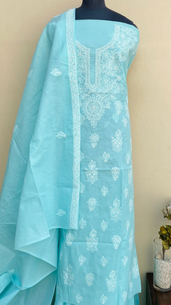 Lucknowi Chikankari Suit Length 3 Piece Blue Cotton With Embroidered Cotton Dupatta