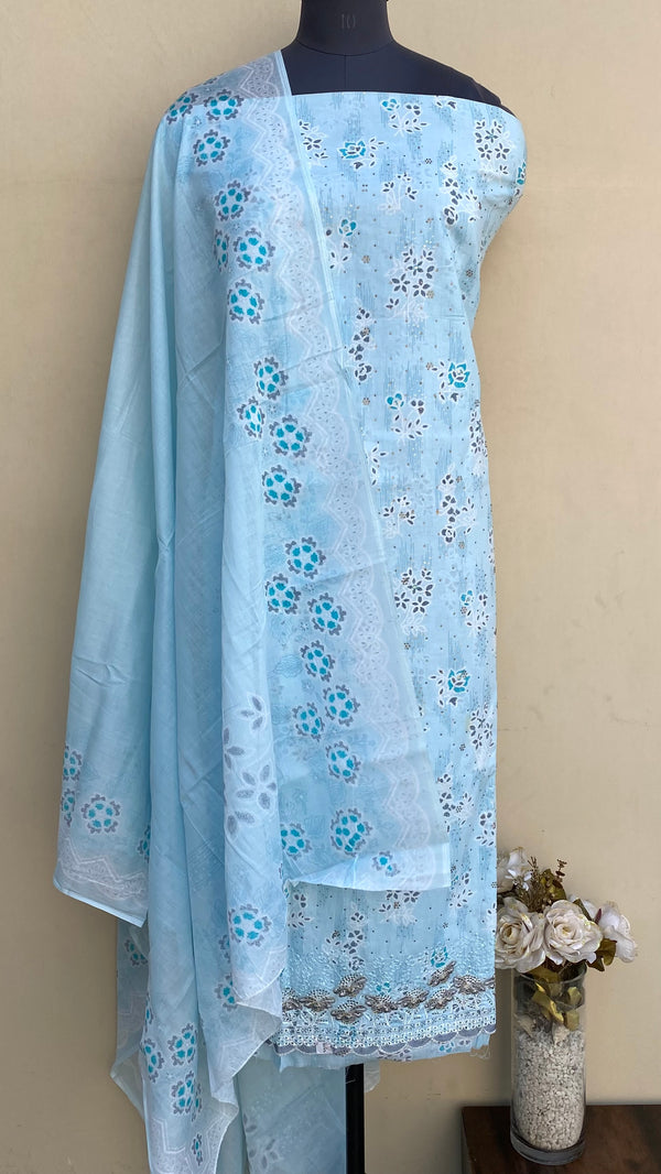 Designer Embroidered Suit Length 3 Piece Blue Mal Cotton