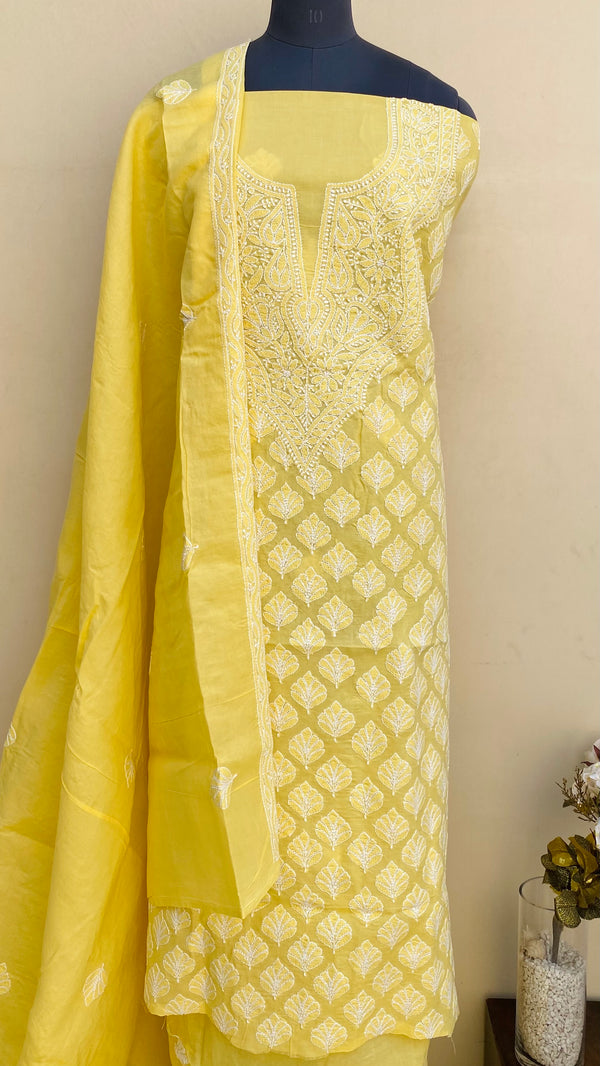 Lucknowi Chikankari Suit Length 3 Piece Yellow Cotton With Embroidered Cotton Dupatta