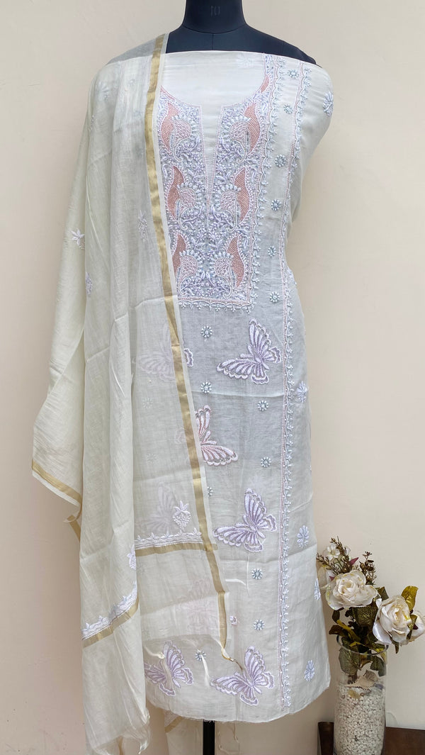 Lucknowi Chikankari Suit Length 2 Piece Off White Mal Chanderi With Cutdana & Sequence Work